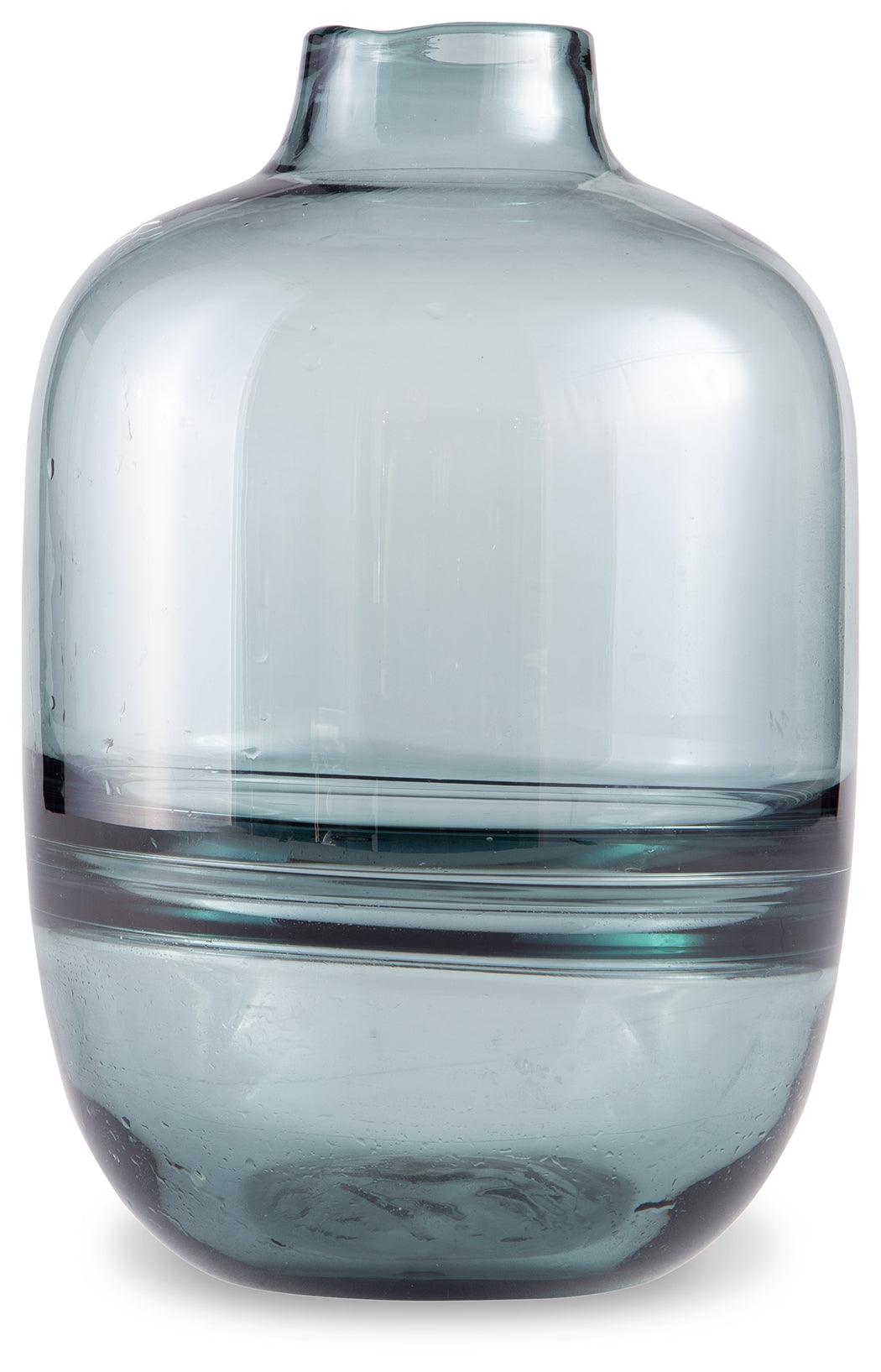 Lemmitt teal glass vase angled side view
