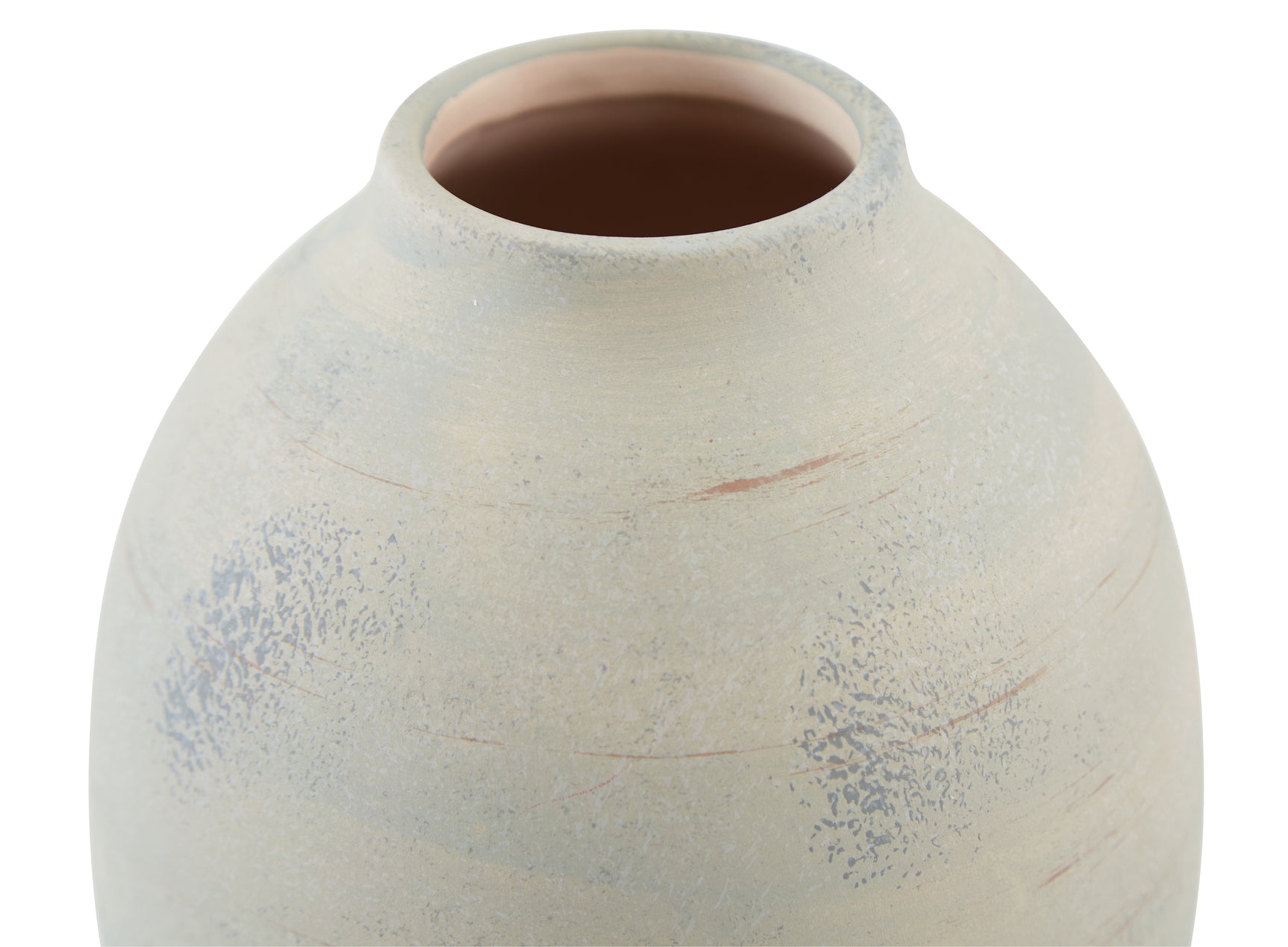 Close-up of distressed sage green finish on Clayson vase