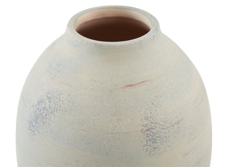 Close-up of distressed sage green finish on Clayson vase