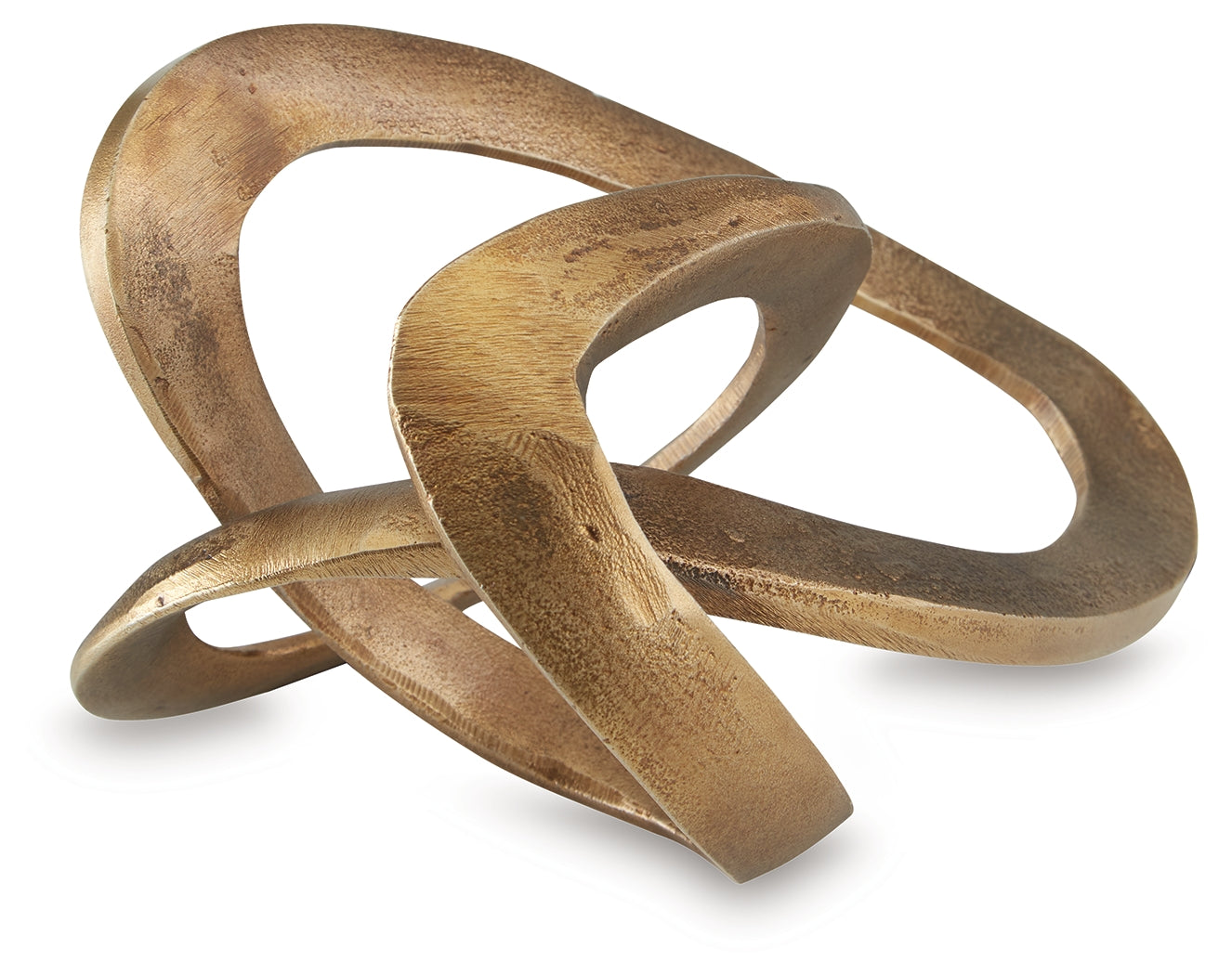 Side view of Dunnruck aluminum sculpture with textured antique brass finish