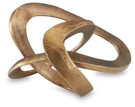 Side view of Dunnruck aluminum sculpture with textured antique brass finish
