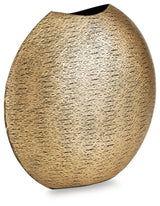 Iansboro Antique Gold Finish Round Metal Vase angled view