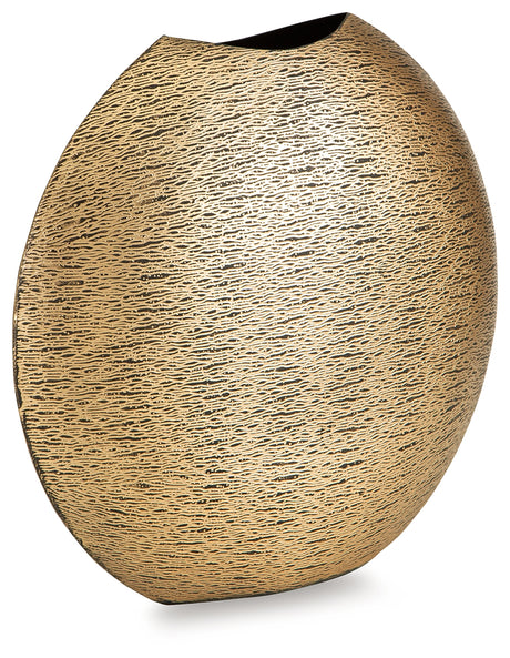 Iansboro Antique Gold Finish Round Metal Vase angled view