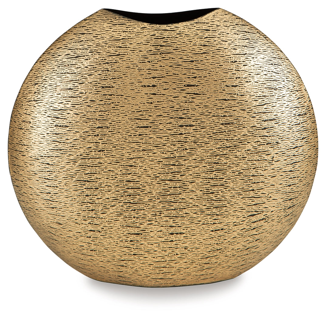 Iansboro Antique Gold Finish Round Metal Vase angled view