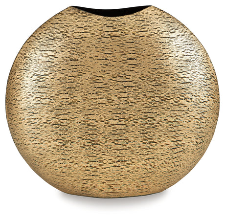 Iansboro Antique Gold Finish Round Metal Vase angled view
