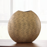 Iansboro Antique Gold Finish Round Metal Vase angled view