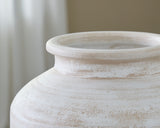 Side angle of Meadie distressed white vase