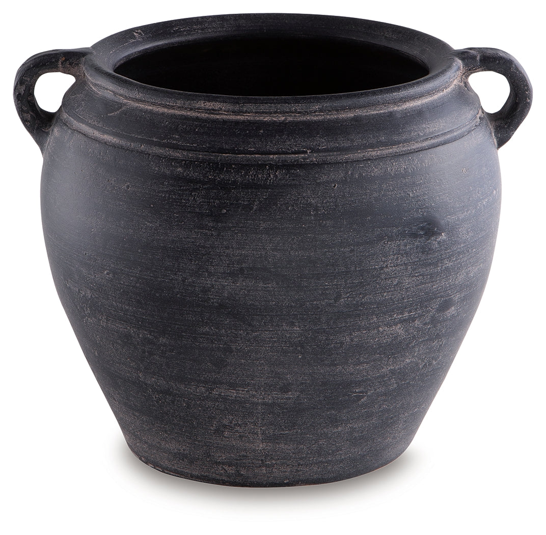 Detail of distressed black finish on Meadie Vase