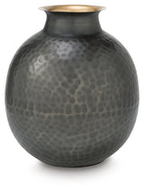 Woody hammered metal vase side angle showing texture