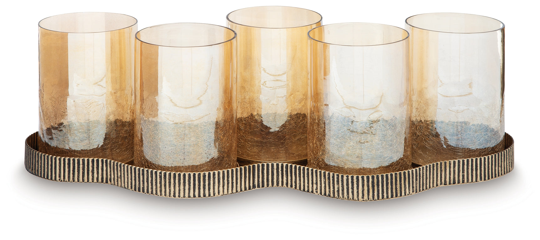 Side angle of Evereton candle holder showing antique gold metal base and curved arms