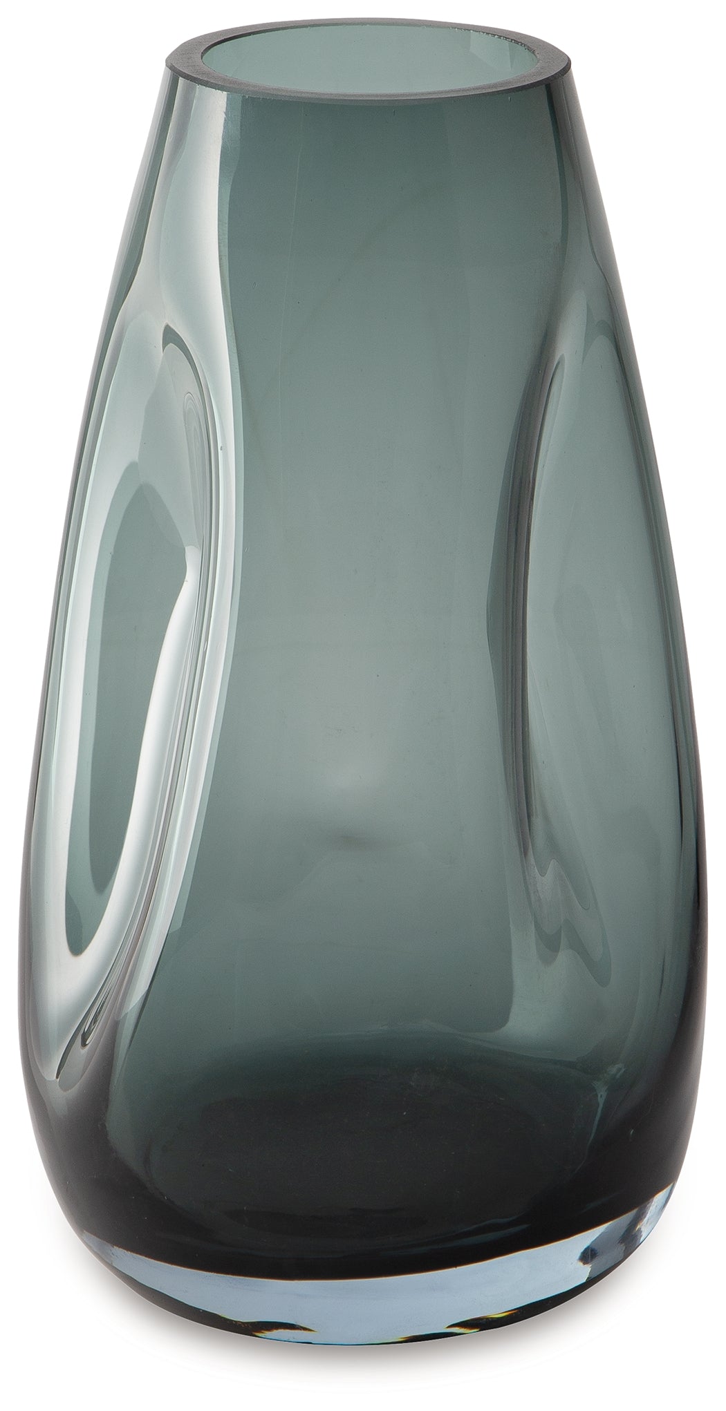 Side angle of teal blue glass vase