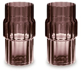 Pair of Dorlow mauve vases on a wooden table