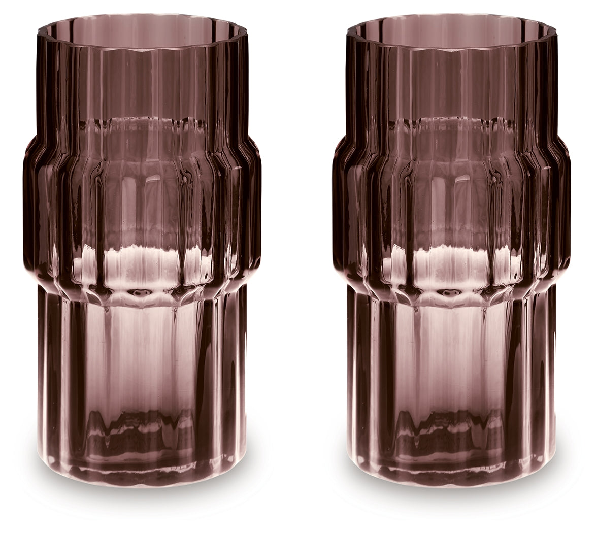 Pair of Dorlow mauve vases on a wooden table