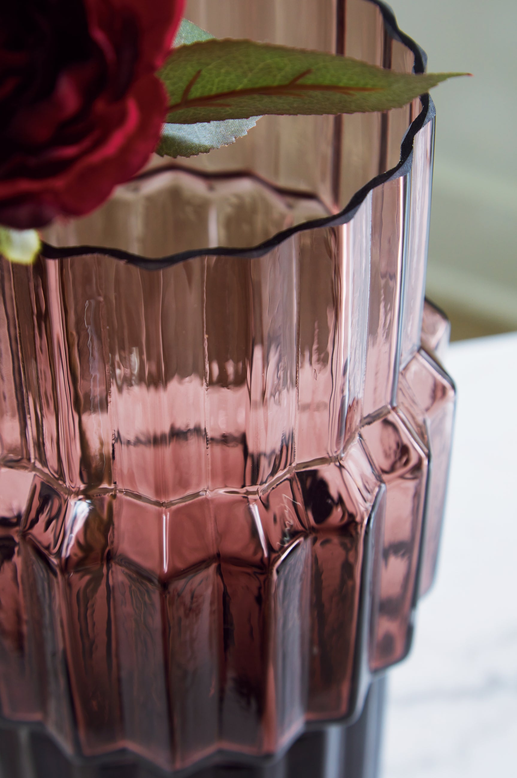 Top view of Dorlow mauve glass vase showing opening