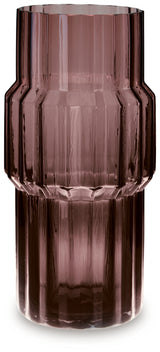 Side angle of Dorlow mauve glass vase showing contour