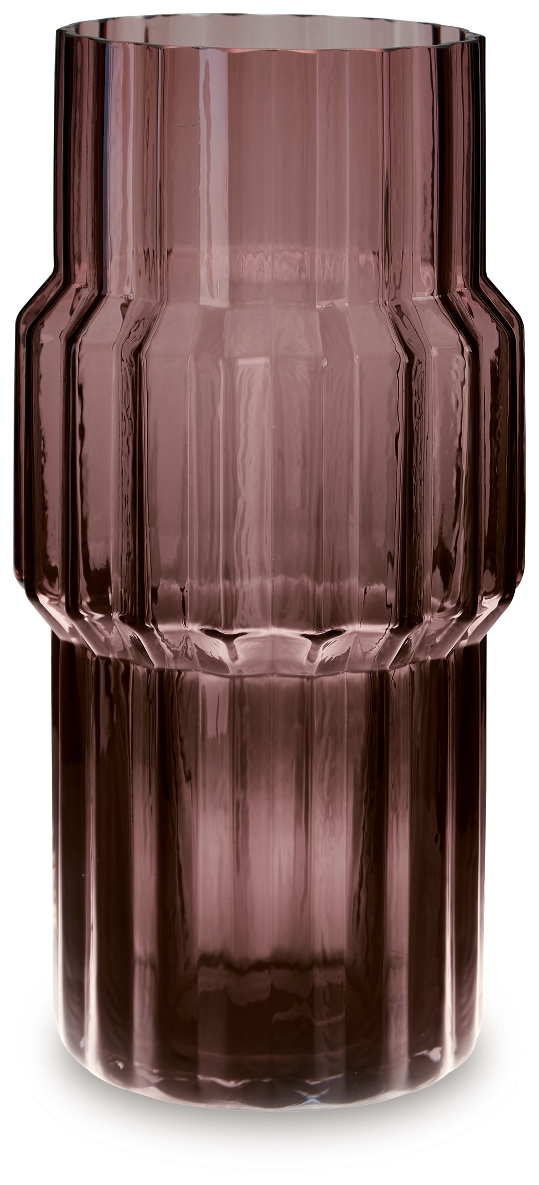 Side angle of Dorlow mauve glass vase showing contour