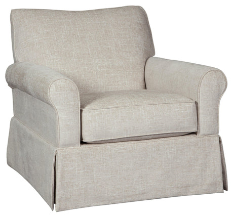 Side view of Searcy Quartz Accent Chair highlighting glider base