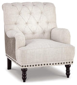 Tartonelle Ivory Taupe Accent Chair angled view showing tufting and nailhead trim