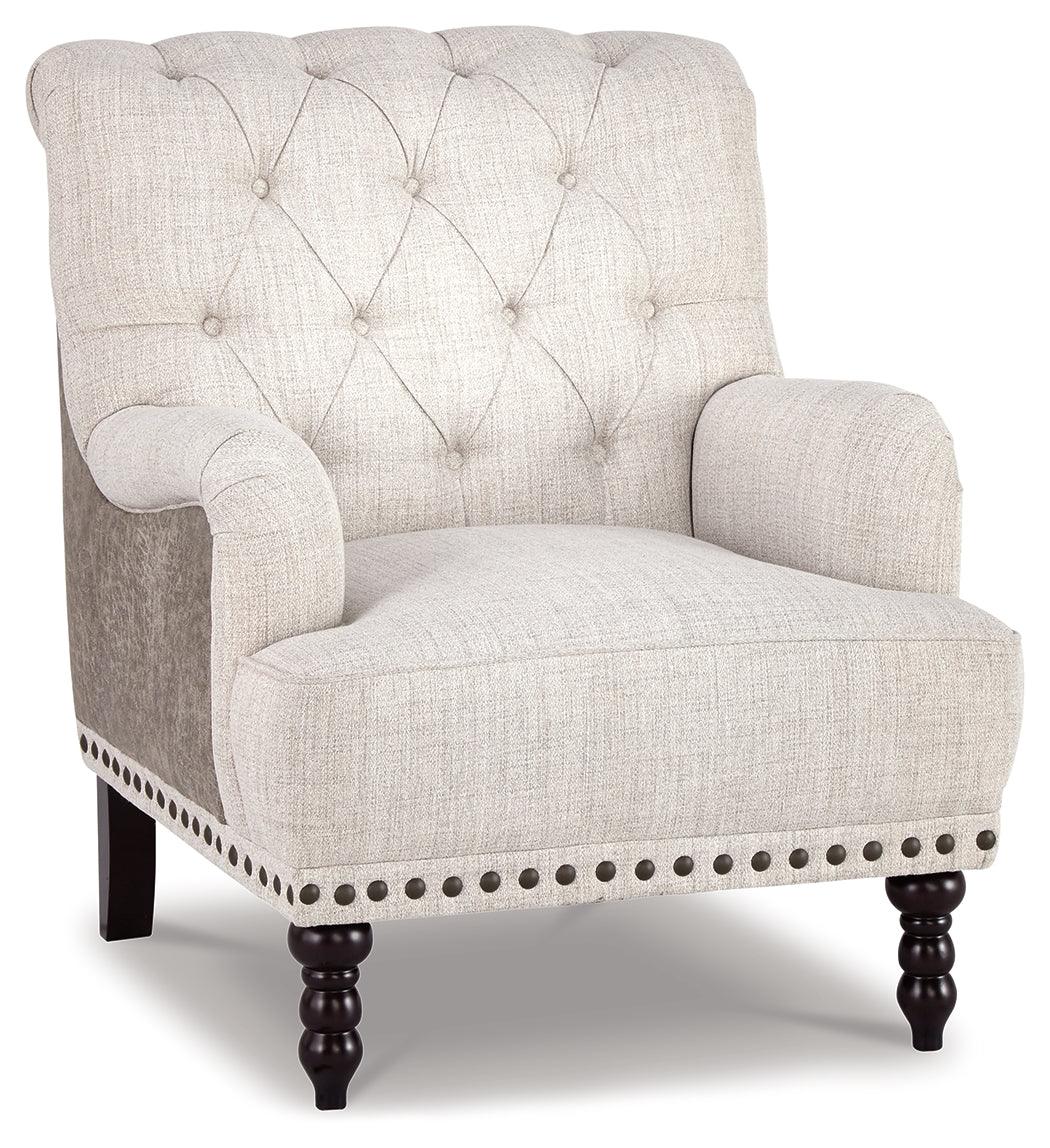 Tartonelle Ivory Taupe Accent Chair angled view showing tufting and nailhead trim