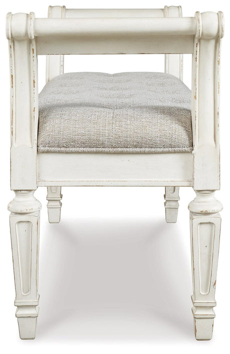 Realyn Antique White Accent Bench decorative arm detail