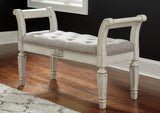 Realyn Antique White Accent Bench close-up of upholstery