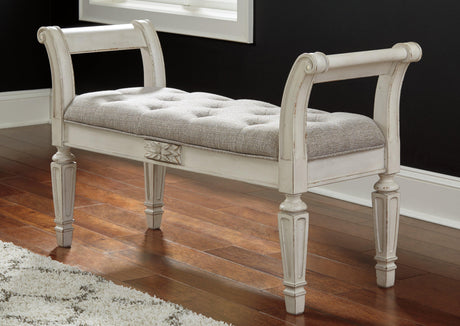 Realyn Antique White Accent Bench close-up of upholstery