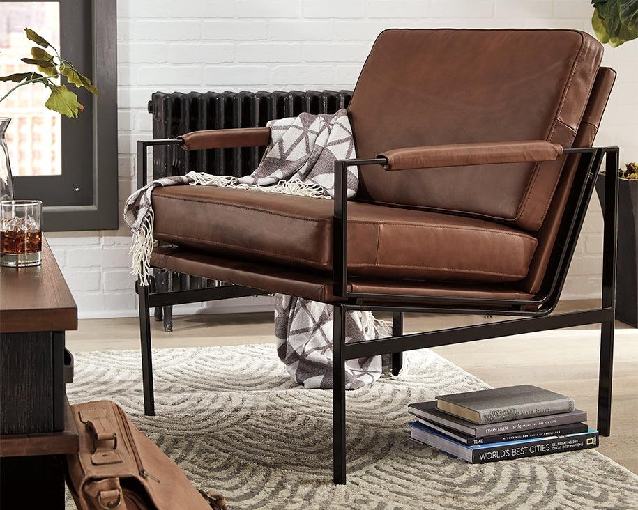 Puckman accent chair front view brown leather and silver finish