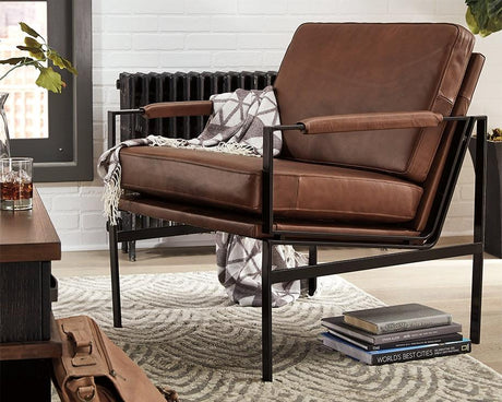 Puckman accent chair front view brown leather and silver finish