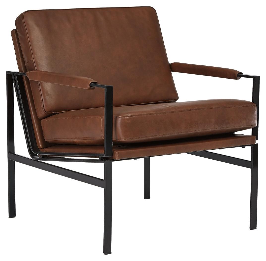 Puckman accent chair angled side view brown leather and silver finish