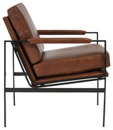 Puckman accent chair side profile with metal frame and leather upholstery