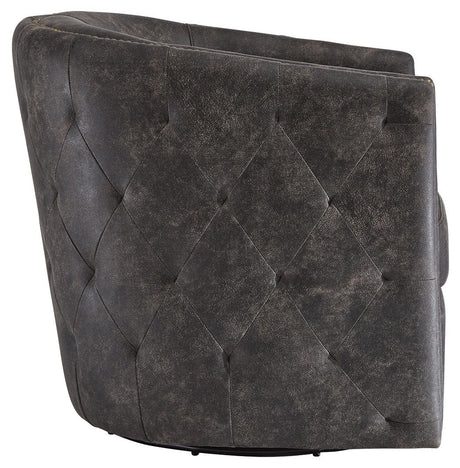 Brentlow Distressed Black Accent Chair back angle with swivel base