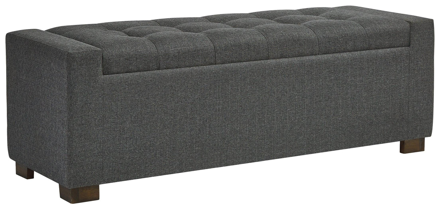 Closed tufted seat on Cortwell Gray Storage Bench
