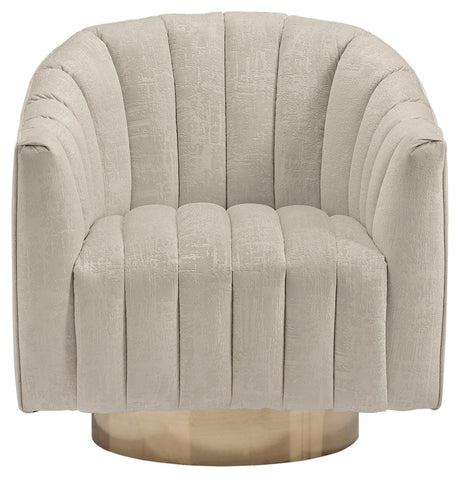 Side view of Penzlin Pearl Accent Chair displaying curved arms and swivel base