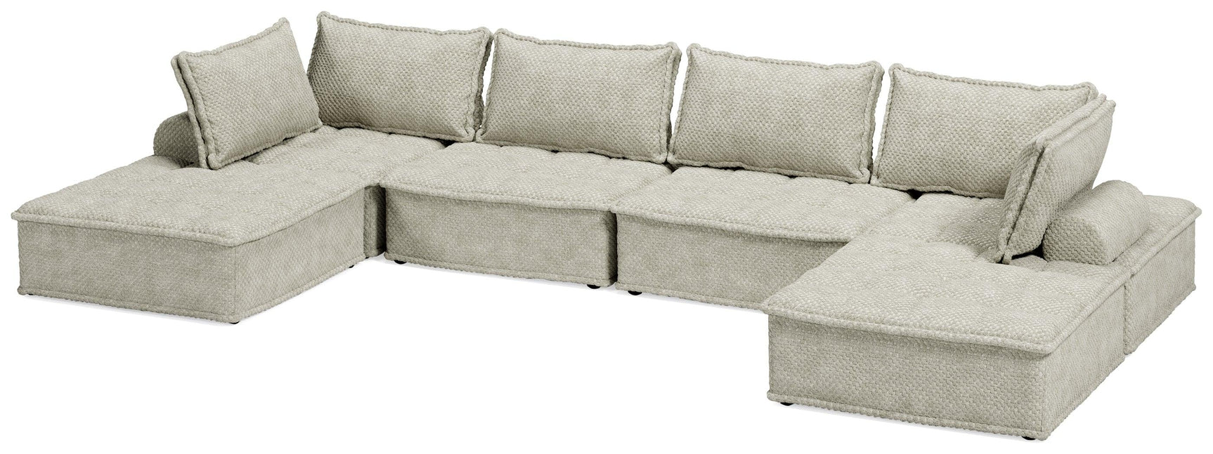 Close-up detail of taupe fabric upholstery on sectional