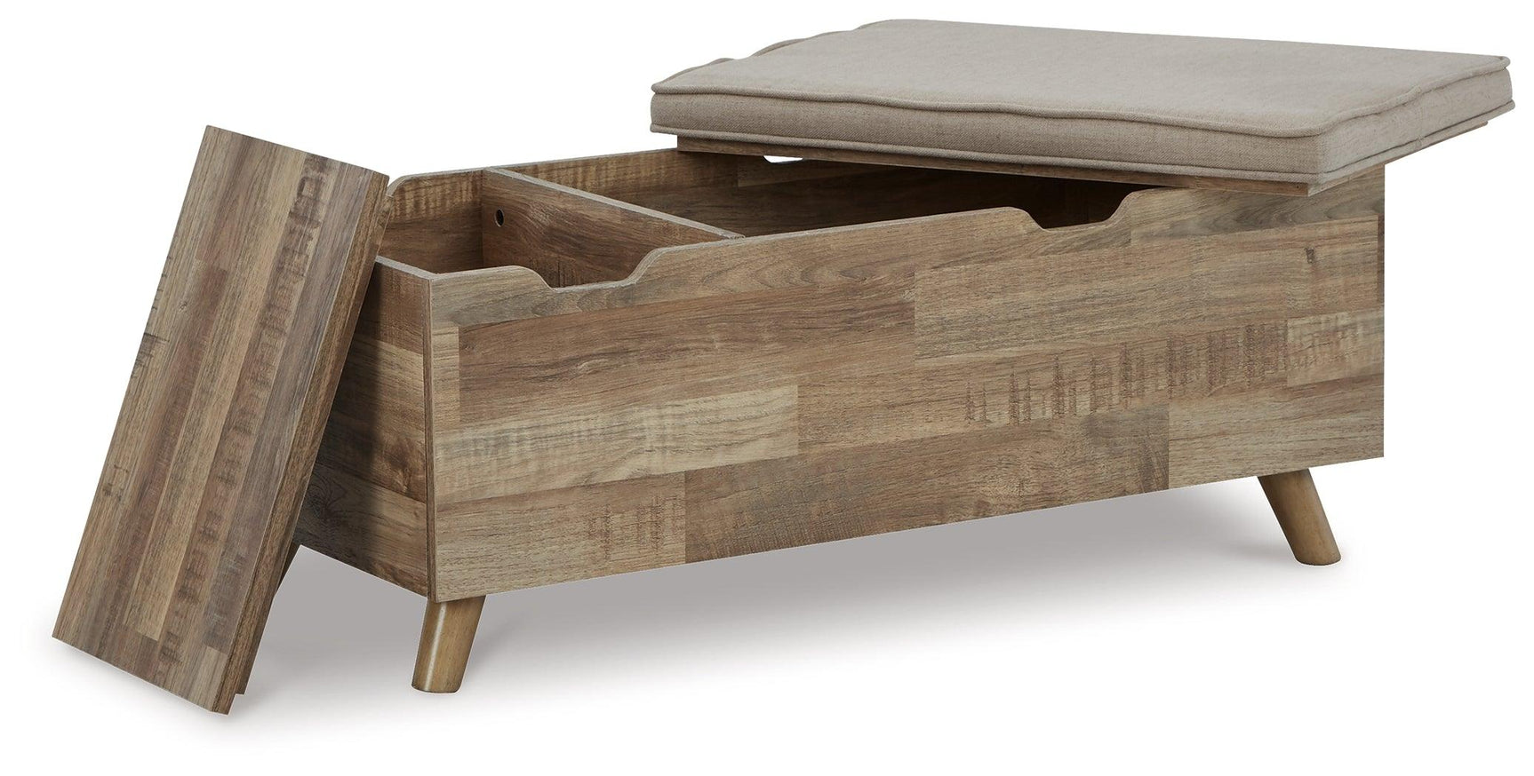 Gerdanet Beige Brown Storage Bench open showing storage compartments