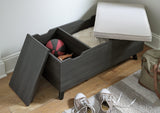 Close-up of Yarlow Linen gray storage bench upholstery and finish