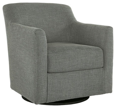 Bradney Smoke Swivel Accent Chair side view showcasing swivel base