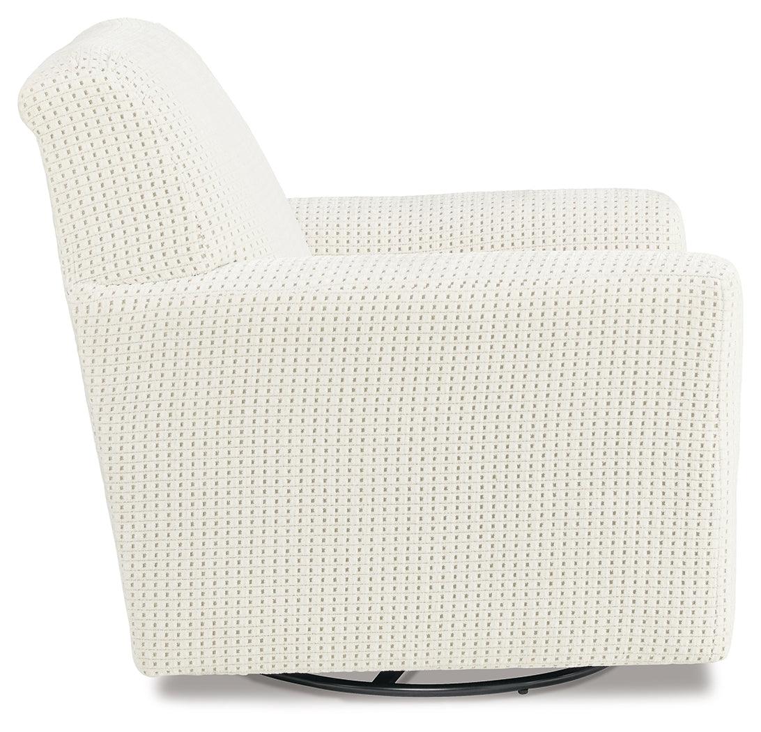Herstow Ivory Swivel Glider Accent Chair side profile showing glider base