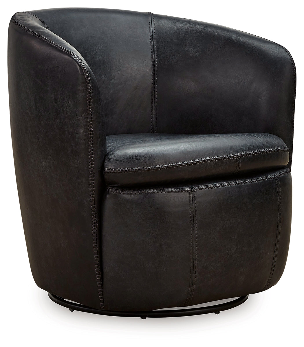 Kierreys Midnight Leather Swivel Accent Chair angled side view