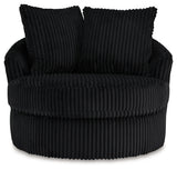 Gramwell Onyx Swivel Chair head-on view showing striped fabric and cushions