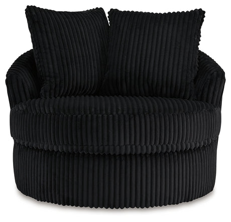 Gramwell Onyx Swivel Chair head-on view showing striped fabric and cushions