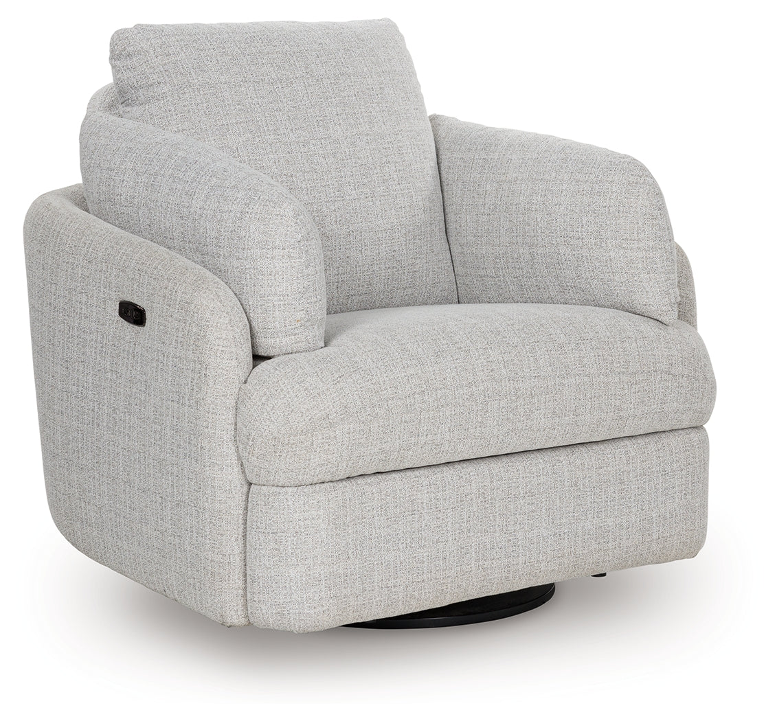 Swivel power recliner side view with storage compartments open