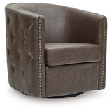 Side angle of Brentlow Granite Swivel Accent Chair showing tufted sides