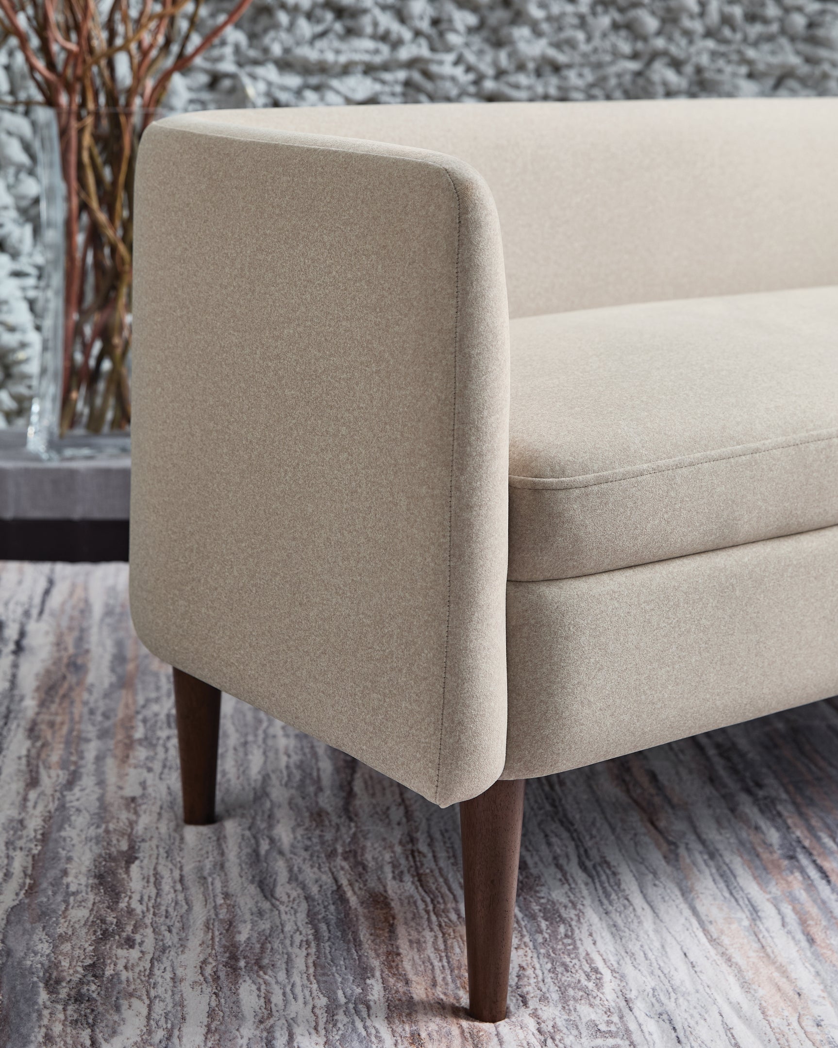 Close-up detail of Wainner Beige Accent Bench upholstery and stitching