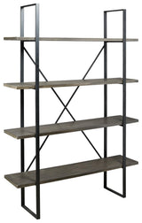 Side angle of Gilesgrove black and gray bookcase showing shelves