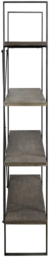 Side view of Gilesgrove black metal frame and gray wood four-shelf bookcase