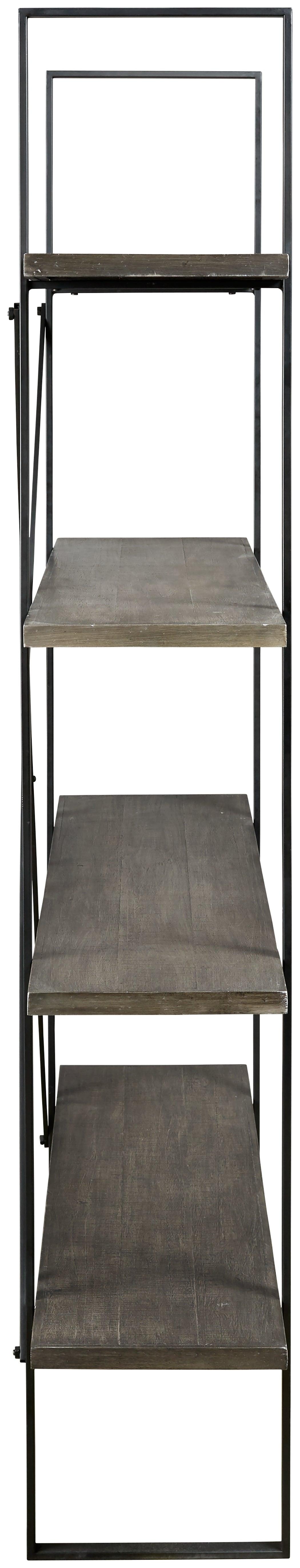Side view of Gilesgrove black metal frame and gray wood four-shelf bookcase