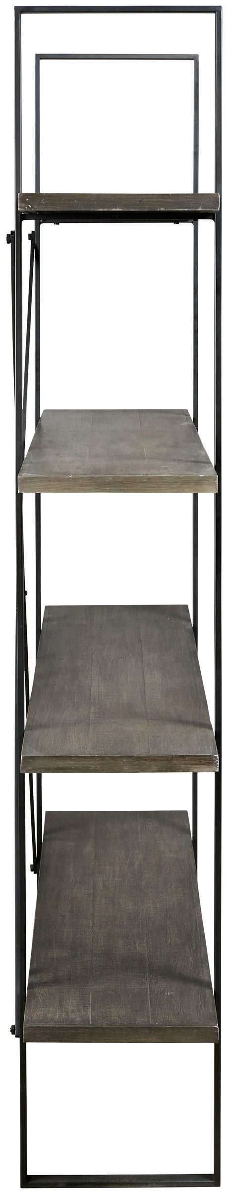 Side view of Gilesgrove black metal frame and gray wood four-shelf bookcase