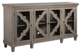Side angle of Fossil Ridge Gray Accent Cabinet highlighting wood grain and hardware