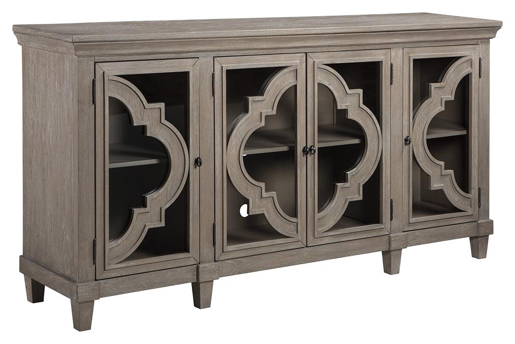 Side angle of Fossil Ridge Gray Accent Cabinet highlighting wood grain and hardware